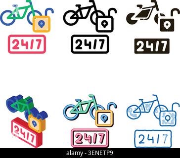 servizi di bike sharing 24 ore su 24 - icona vettore semplificato. cartello servizi di bike sharing 24 ore su 24. simbolo del colore Illustrazione Vettoriale