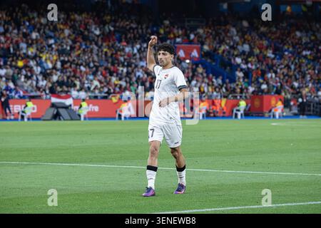 Spagna contro Iraq - International Friendly A Coruña, Spagna - 4 giugno: Ali Jasim dell'Iraq lancia un oggetto durante un'amichevole internazionale a la Coruña Foto Stock