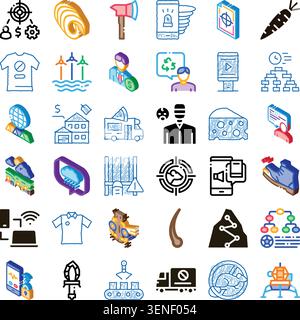 Serie diversificata di pittogrammi vettoriali su bianco che illustrano gli obiettivi aziendali, comunicazione digitale, agricoltura intelligente, riciclaggio, produzione alimentare, rinnova Illustrazione Vettoriale