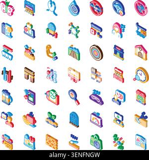 Collezione di icone colorate di linee isometriche che rappresentano varie attività, tecnologia, finanza, salute, ambiente, e concetti sociali, illustrativi Illustrazione Vettoriale