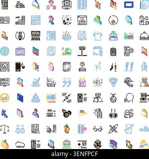 Ampia raccolta di icone isometriche e di contorno che illustrano diversi aspetti della vita moderna. Affari. Tecnologia. Salute. E attività ricreative Illustrazione Vettoriale