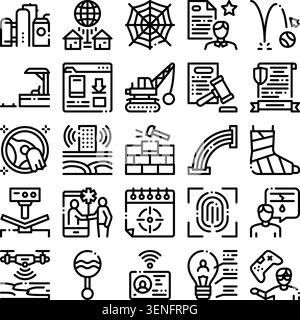 Raccolta di icone di linea che descrivono temi diversi, tra cui diritto, tecnologia, edilizia, medicina e gioco, in rappresentanza di vari settori industriali e d Illustrazione Vettoriale