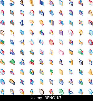 Serie di numerose icone isometriche che illustrano diverse attività commerciali, finanziarie, ecologia, marketing, tecnologia, e concetti di salute, perfetti per infografiche Illustrazione Vettoriale