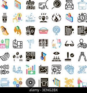 Raccolta diversificata di icone isometriche e di linea che illustrano vari concetti, tra cui business, finanza, tecnologia, salute, tempo libero, e oggetti quotidiani Illustrazione Vettoriale