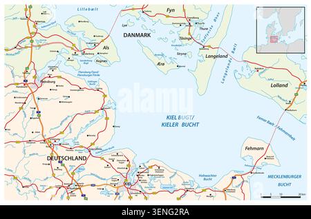 Mappa dettagliata di Kiel Bay sul Mar Baltico, Germania Foto Stock
