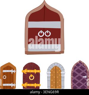 Illustrati ingressi antichi e decorativi, caratterizzati da forme, materiali e ornamenti diversi, creando un ambiente stravagante per la narrazione e il suo Illustrazione Vettoriale