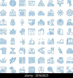 Ampia collezione di icone blu disegnate a mano in stile doodle che rappresentano diversi concetti, tra cui sanità, tecnologia, stile di vita, industria, viaggi, ed Illustrazione Vettoriale