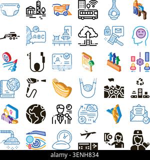 Set di diverse icone disegnate a linee che raffigurano vari concetti come tecnologia, istruzione, salute, viaggi, affari, ed ecologia, che illustra un'ampia gamma Illustrazione Vettoriale