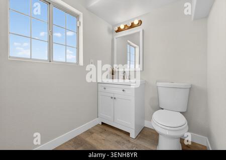 Bagno compatto con lavandino bianco, armadietto a specchio e WC a parete. Una grande finestra riempie lo spazio con n Foto Stock