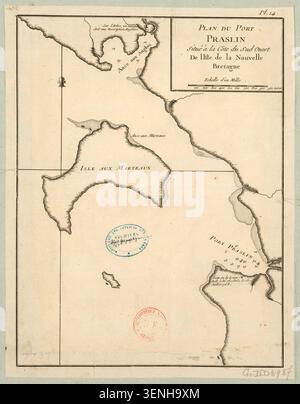 Louis Antoine de Bougainville fornì la fonte per una mappa pubblicata nel 1768 che registrava Port Praslin sulla costa sudoccidentale della nuova Britannia, comprese le isole vicine, le caratteristiche costiere e le informazioni sulle indagini subacquee. Foto Stock