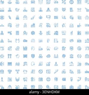 Ampia collezione di icone con linee blu disegnate a mano che rappresentano vari concetti, oggetti, attività e settori, ideale per la progettazione grafica e la progettazione Illustrazione Vettoriale