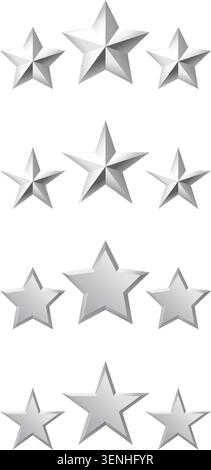 Le stelle in metallo argentato brillano con un tocco di lucentezza. Ogni stella risplende con bordi nitidi e audaci. Formano file ordinate, semplici ed eleganti. Perfetto per il sistema di classificazione Illustrazione Vettoriale