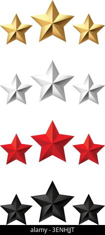 Set di tre stelle di categoria oro rosso argento nero collezione 3d stelle pulite icone geometriche a stella che rappresentano recensione, feedback, qualità e classifica. ISOL Illustrazione Vettoriale