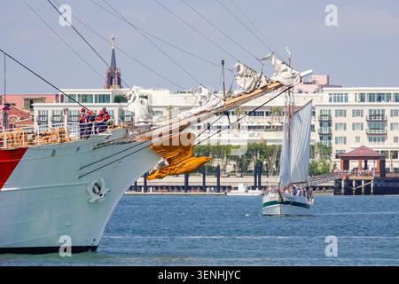 Charleston, Stati Uniti. 11 giugno 2026. La Cutter Eagle della Guardia Costiera degli Stati Uniti passa la barca a vela Charleston Schooner Pride mentre si dirige verso il porto di Charleston per tre giorni come parte del Cadet Summer Training, 11 giugno 2026, a Charleston, South Carolina. L'Eagle è una barca a tre alberi di 295 piedi utilizzata come nave addestrativa per la Guardia Costiera degli Stati Uniti. Crediti: Richard Ellis/Richard Ellis/Alamy Live News Foto Stock