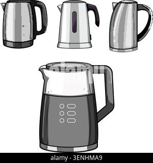 Diversi tipi di bollitori elettrici, tra cui vari design e materiali, sono pronti per l'ebollizione dell'acqua in un tipico concetto di elettrodomestici da cucina Illustrazione Vettoriale