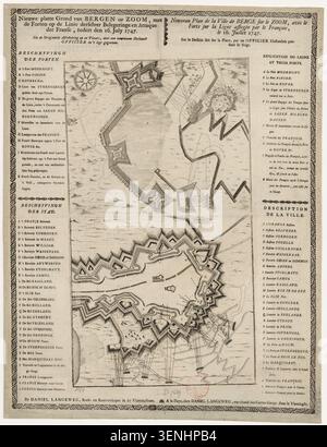 Una mappa incisa del 1747 mostra Bergen op Zoom con le fortificazioni e le linee d'assedio stabilite durante l'attacco francese, registrando la città fortificata e la sua posizione militare. Foto Stock