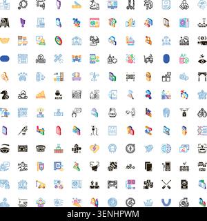 Raccolta di icone isometriche e di linee diverse che rappresentano imprese, salute, tecnologia, finanza, viaggi, comunicazione e istruzione per il digitale, pr Illustrazione Vettoriale