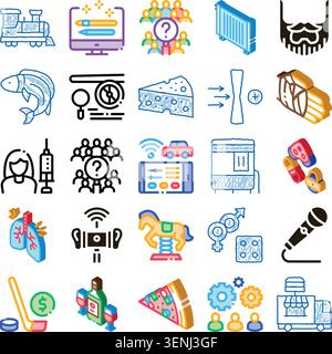 Ampia collezione di icone dettagliate a linee colorate che rappresentano vari concetti, oggetti e attività in un ambiente visivamente accattivante e illustrativo Illustrazione Vettoriale