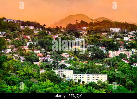 Vista panoramica delle case colorate e degli appartamenti accoccolati su una lussureggiante collina tropicale durante il tramonto a Fort de France - Martinica, Francia caraibica Foto Stock