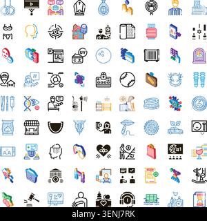 Insieme di icone isometriche e di linea assortite che creano un linguaggio visivo completo che rappresenta stile di vita, affari, salute, sport, hobby, e subacqueo Illustrazione Vettoriale