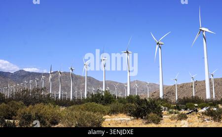 Panorama delle turbine eoliche allineate nel deserto presso il parco eolico di San Gorgonio, Coachella Valley, California, Stati Uniti d'America Foto Stock