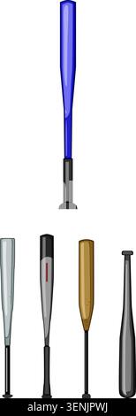 Collezione di cinque diversi pipistrelli sportivi, tra cui un pipistrello blu e nero e un assortimento di disegni in metallo e legno, tutti in piedi su un W Illustrazione Vettoriale
