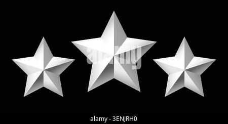 Classificazione a tre stelle metalliche argentate in stile 3D. Icone geometriche a stella pulite che rappresentano la revisione, il feedback, la qualità e la classificazione. Isolato su Illustrazione Vettoriale