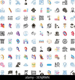 Ampia serie di icone isometriche di linea sottile, raffiguranti aziende, social, tecnologia, medicina, e concetti ambientali, utili per vari digita Illustrazione Vettoriale