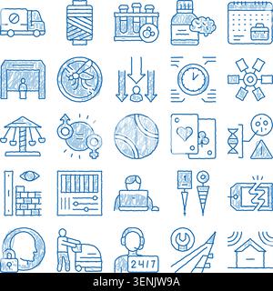 Collezione di icone disegnate a mano blu di doodle raffiguranti vari concetti astratti, elementi di business, oggetti di vita quotidiana, simboli scientifici e malati di salute Illustrazione Vettoriale