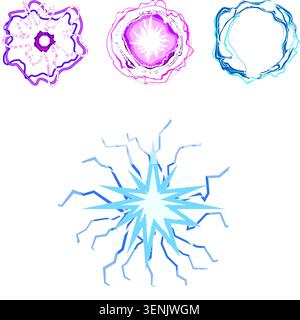 Elementi energetici astratti in varie forme e colori che creano potenti esplosioni magiche, elettricità ed effetti mistici, simboleggiano l'energia, Illustrazione Vettoriale
