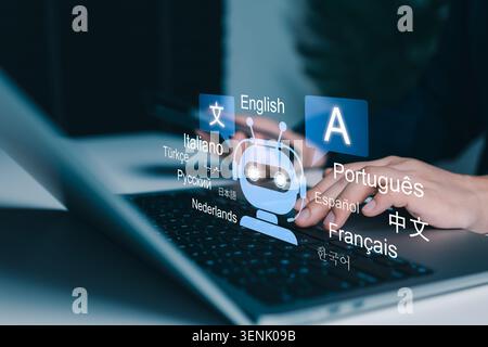 Traduzione in lingua AI e concetto di comunicazione multilingue. persona che utilizza un notebook con bot virtuale, bollicine vocali, chatbot e linguaggio globale Foto Stock