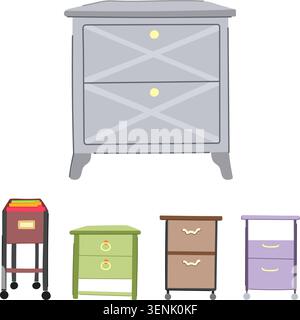Collezione di mobili di vario tipo, tra cui comodini, armadietti e comò, che mostrano diversi design e colori per la casa e l'ufficio Illustrazione Vettoriale