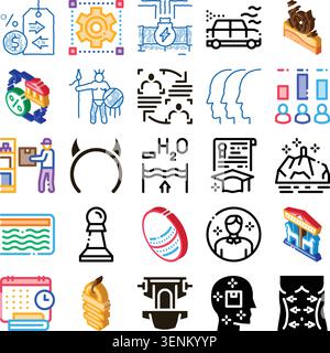 Raccolta di icone isometriche e di linee diverse che rappresentano concetti aziendali, logistici, educativi, tecnologici e sanitari, creazione di una soluzione completa Illustrazione Vettoriale