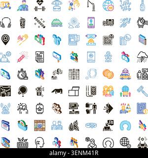 Ampia serie di pittogrammi diversi che illustrano temi come trasporti, salute, tecnologia, viaggi, denaro, istruzione e vari settori dei servizi Illustrazione Vettoriale