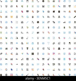 Ampia serie di pittogrammi diversi per servizi, tecnologia e business, che illustrano vari concetti ed elementi dell'interfaccia utente su un backgroun bianco Illustrazione Vettoriale