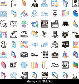 Ampia serie di pittogrammi diversi che offrono vari concetti relativi al lavoro, alla salute, alla tecnologia, allo shopping, ai viaggi, e stile di vita, isolando su una b bianca Illustrazione Vettoriale