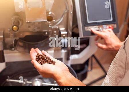 Manciata di chicchi di caffè fritti. Chicchi di caffè tostati in tostatura durante la produzione. Produzione di chicchi di caffè di alta qualità. Impostazione dell'impianto elettrico Foto Stock