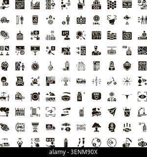 Ampia collezione di icone glifi diverse che rappresentano business, tecnologia, comunicazione, istruzione, medicina, concetti ambientali e generali per Illustrazione Vettoriale