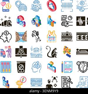 Collezione di icone digitali stilizzate che raffigurano vari concetti tra cui viaggi, affari, salute, animali, cibo, e tecnologia su un bac bianco pulito Illustrazione Vettoriale