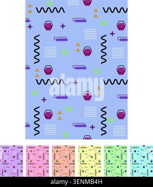 Motivo astratto che ripete le forme geometriche colorate come esagoni, triangoli, cerchi, linee ondulate e quadrati con un passo retrò degli anni '80 e '90 Illustrazione Vettoriale