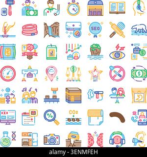 Raccolta di icone diverse che illustrano concetti relativi a gestione aziendale, salute, istruzione, punti di riferimento mondiali, tecnologia, e lo stile di vita di tutti i giorni Illustrazione Vettoriale