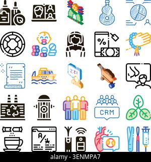 Set di icone isometriche e di linea multicolore che illustrano un'ampia gamma di argomenti, tra cui rimedi per la salute naturale, riunioni online, pratica sostenibile Illustrazione Vettoriale
