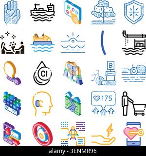 Collezione di varie icone colorate e nere che rappresentano diversi concetti tra cui relazioni, viaggi, istruzione, ecologia, salute, e. Illustrazione Vettoriale