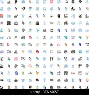 Ampia serie di pittogrammi digitali che illustrano concetti come business, tecnologia, finanza, salute, ambiente, istruzione e trasporti, Illustrazione Vettoriale