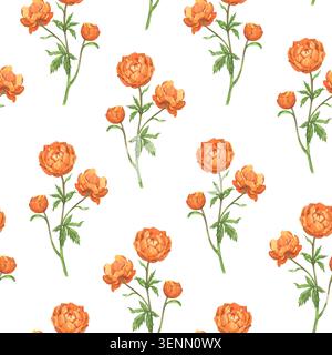 Un vivace motivo ad acquerello caratterizzato da fiori di colore arancione Foto Stock