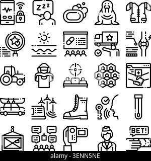 Insieme di icone moderne della monolina che coprono aziende, medicina, tecnologia, sicurezza, logistica, benessere, energia e trasporti per web, mobile e uiux desi Illustrazione Vettoriale