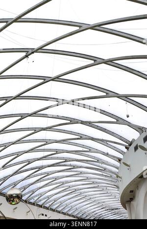 soffitto architettonico moderno con struttura in metallo ed elementi in vetro che presentano un design complesso. Perfetto per catturare le strutture di edifici contemporanei. Foto Stock
