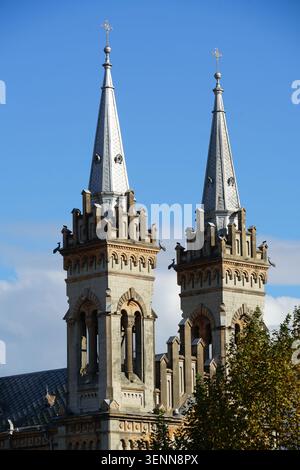 Una vista ravvicinata cattura l'intricata architettura neogotica delle guglie gemelle e dei campanili della Cattedrale della madre di Dio di Batumi. L'ornato Foto Stock