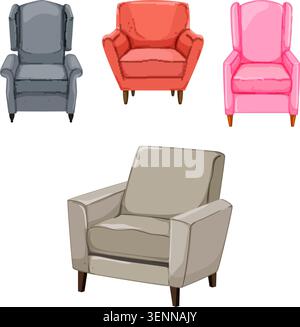 Poltrone imbottite di vari stili e colori che creano una serie di comodi concetti di arredamento per le sedute per il design degli interni, il relax, Illustrazione Vettoriale