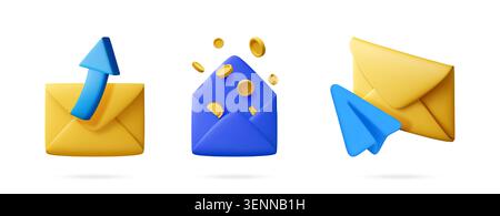 Set di icone 3D con buste gialle con freccia di caricamento blu, busta blu con monete d'oro fluttuanti e busta gialla con carta blu PL Illustrazione Vettoriale